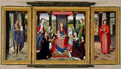 Jomfruen og barnet med helgener og givere, ca. 1478 (Olie på eg) af Hans Memling