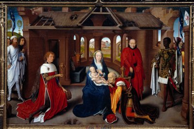 Triptykon af tilbedelse af magi: centralt panel. Magierne er som Charles the Temeraire og Philip the Good. Detrempe på træ af Hans Memling (1433-1494). omkring 1470, søn. 0,95x1,45 m Madrid. Musee du Prado. - Triptykon om Magiernes tilbedelse: cent af Hans Memling