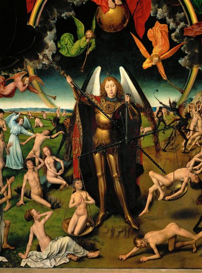 Triptykon med den sidste dom: detalje i midterpanelet: Ærkeenglen Michael (triptykon på panel) af Hans Memling