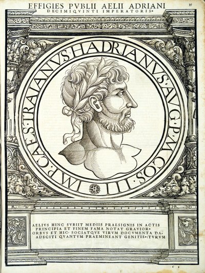 Aelius Hadrianus, illustration fra de romerske kejsere i hele øst og vest, de sandeste billeder af gamle mønter, træsnit af Rudolph Wyssenbach, trykt af Andreas Gesner, Zuri af Hans Rudolf Manuel Deutsch