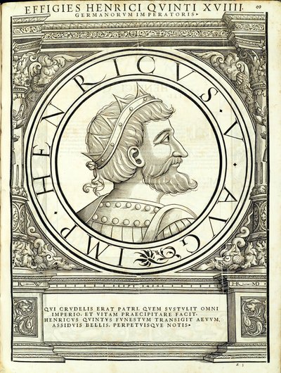 Henricus V, illustration fra "Imperatorum romanorum omnium orientalium et occidentalium verissimae imagines ex antiquis numismatis", træsnit af Rudolph Wyssenbach, trykt af Andreas Gesner, Zürich, af Hans Rudolf Manuel Deutsch