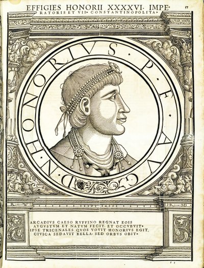 Honorius, illustration fra "Imperatorum romanorum omnium orientalium et occidentalium verissimae imagines ex antiquis numismatis", træsnit af Rudolph Wyssenbach, trykt af Andreas Gesner, Zürich, 15 af Hans Rudolf Manuel Deutsch
