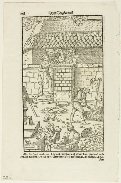 Side CCCL fra Vom Bergwerck XII Bücher af Agricola, plade 43 fra Træsnit fra bøger fra det XVI århundrede af Hans Rudolf Manuel Deutsch