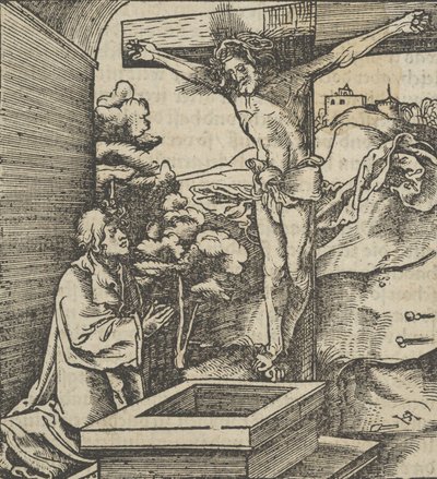 En mand der beder foran et krucifiks, fra Hymmelwagen auff dem, wer wol Leben..., 1517. af Hans Schäufelein the Elder