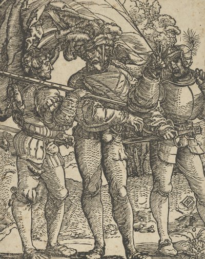 En fanebærer flankeret af et Lansquenet ved hver sidekopi. af Hans Schäufelein the Elder