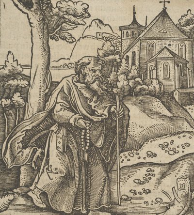 En gammel pilgrim går til højre, fra Hymmelwagen auff dem, wer wol Leben..., 1517. af Hans Schäufelein the Elder