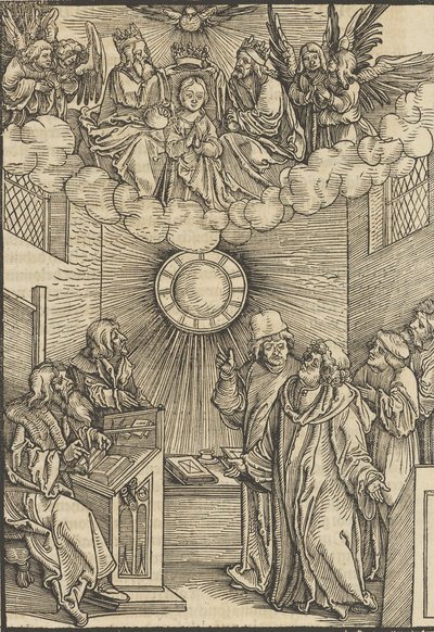 Forfatteren, der skriver Layenspiegel, Treenigheden og Jomfruen i det øvre center, fra ..., 1511. af Hans Schäufelein the Elder