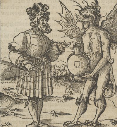 The Devil Offering Poison to a Knight, fra Hymmelwagen auff dem, wer wol leben..., 1517. af Hans Schäufelein the Elder
