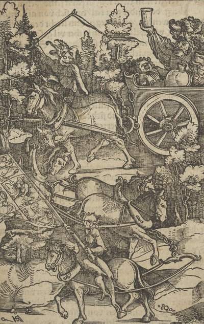 Den berusede mand på en vogn på vej til helvede, fra Hymmelwagen om hvem wol lever....., 1517. af Hans Schäufelein the Elder