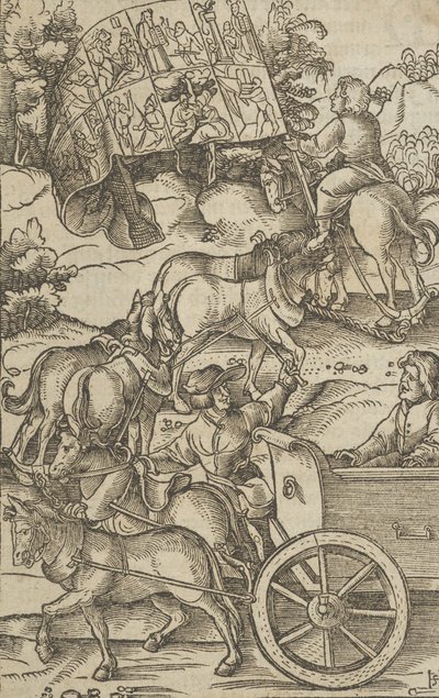 Den dydige mand på en vogn på vej til himlen, fra Hymmelwagen auff dem, wer wol leb..., 1517. af Hans Schäufelein the Elder