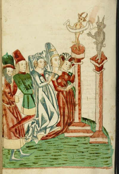 En gruppe mænd og kvinder tilbeder to idoler, 1469 (blæk, vaske og tempera på papir) af Hans Schilling