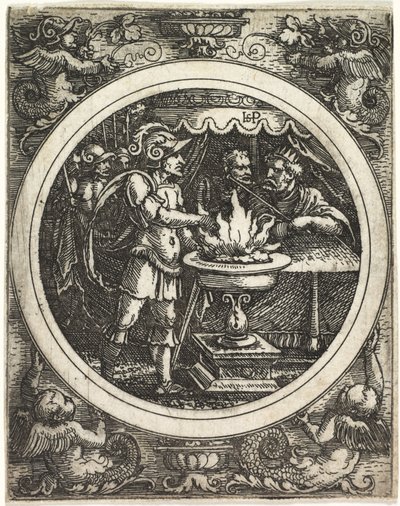 Mucius Scaevola holder sin hånd i ilden, ca. 1520. af Hans Sebald Beham