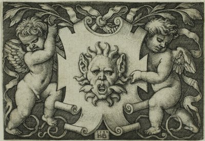 Ornament med en maske holdt af to Genii af Hans Sebald Beham