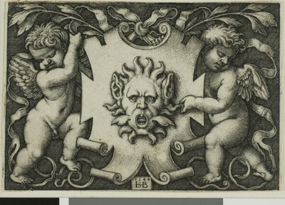 Ornament med en maske holdt af to Genii af Hans Sebald Beham