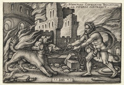 The Labors of Hercules: Hercules, der trækker Cerberus fra underverdenen af Hans Sebald Beham