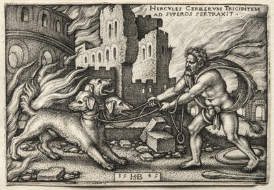 The Labors of Hercules: Hercules, der trækker Cerberus fra underverdenen, 1545. af Hans Sebald Beham
