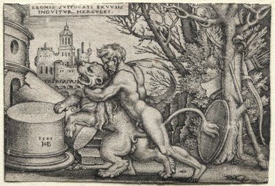 The Labors of Hercules: Hercules Stranling the Nemean Lion af Hans Sebald Beham