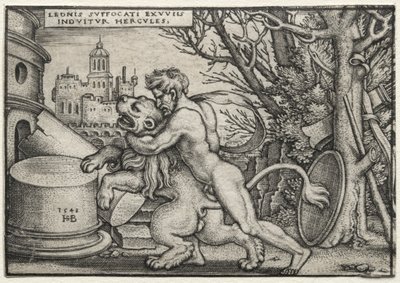 The Labors of Hercules: Hercules Stranling the Nemean Lion af Hans Sebald Beham