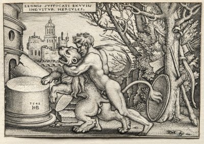 The Labours of Hercules: Hercules Strangling the Nemean Lion, 1548. af Hans Sebald Beham