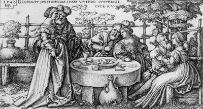 Den fortabte søn spilder sin formue, fra serien "Historien om den fortabte søn" af Hans Sebald Beham