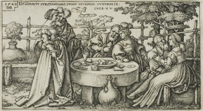 Den fortabte søn spilder sin formue, plade to fra The History of the Prodigal Son af Hans Sebald Beham