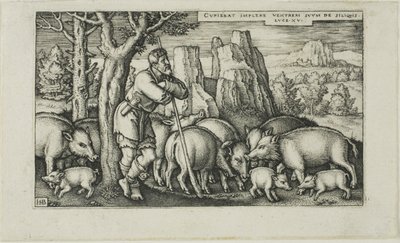 Den fortabte søn med svinet, plade tre fra The History of the Prodigal Son af Hans Sebald Beham