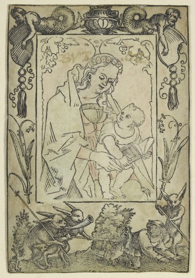 Jomfruen og barnet omgivet af en grænse med en jæger og nogle kaniner (træsnit, overbearbejdet i akvarel, trykt på pergament) af Hans Sebald Beham