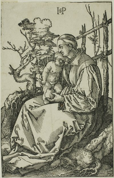 Jomfruen med pæren og barnet på banken af Hans Sebald Beham