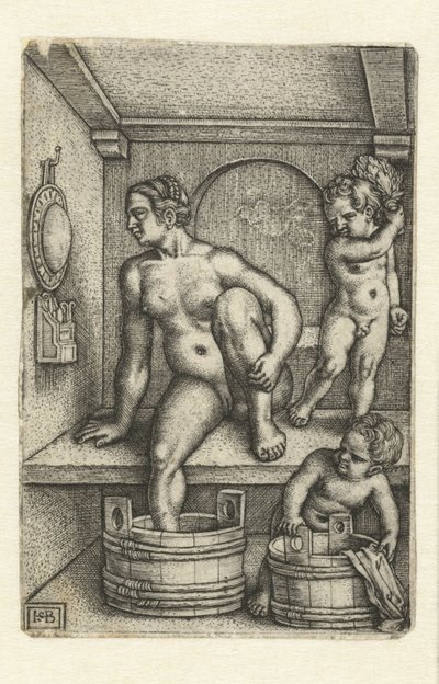 Kvinde med to børn på badeværelset af Hans Sebald Beham