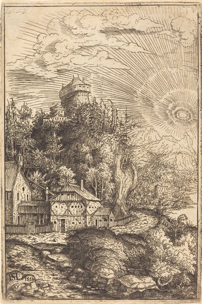 Landskab med et slot og strålende sol, 1553. af Hans Sebald Lautensack