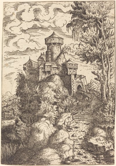 Landskab med fæstning og stor trappe, 1554. af Hans Sebald Lautensack