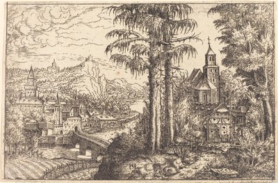 Udsigt over en by nær en flod med en kirke til højre, 1553. af Hans Sebald Lautensack