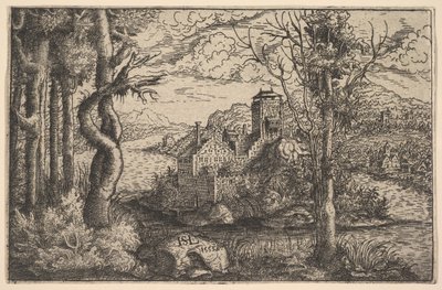 Udsigt over en flod med et slot på en ø, 1553. af Hans Sebald Lautensack