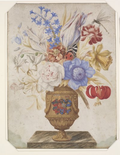 Blomster i en forgyldt vase med det Holstein-Gottorpske våben. af Hans Simon Holtzbecker