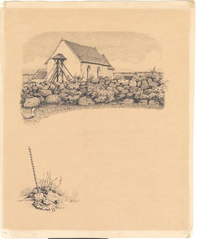 Illustration til St. St. Blicher: "Mowns". F.o.: kirke bag stendige; f.n.: gravsted (?) med spade af Hans Smidth