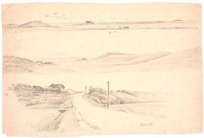 Studieblad med tre landskaber fra jylland. Øverst: landskab med pløjemark; midten: landskab med høje bakker; nederst: landskab med hus og vej af Hans Smidth