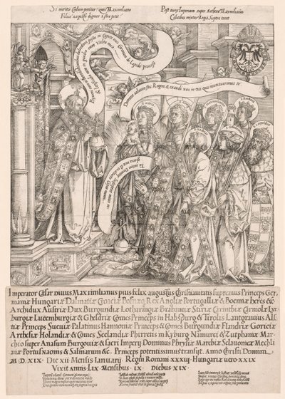 Maximilian præsenteret af sine skytshelgener til den Almægtige, 1519. af Hans Springinklee