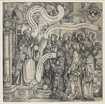 Maximilian præsenteret af sine skytshelgener til den Almægtige, 1519 af Hans Springinklee