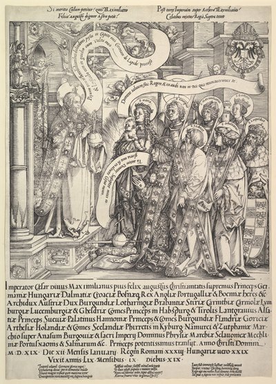Maximilian præsenteret af sine skytshelgener til den Almægtige, 1519. af Hans Springinklee