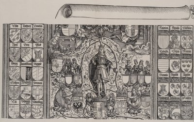 Den øverste del af Maximilians genealogi, med den højre kant af rullen for ..., 1515. af Hans Springinklee