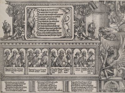 Det øverste afsnit af venstre portal, med indskriften på et løveskind, en frise med B..., 1515. af Hans Springinklee