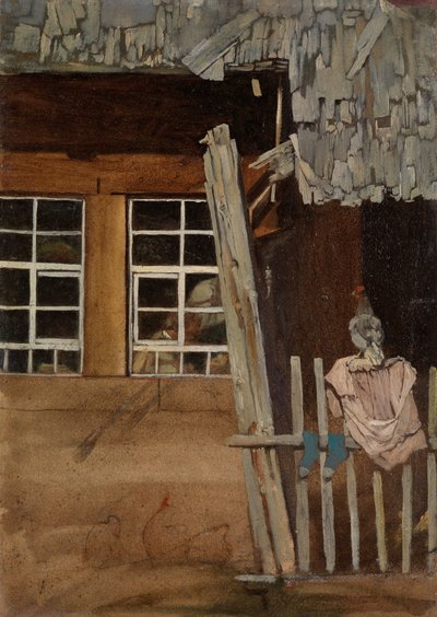 Et hjørne af en bondegård med havehegn og en høne af Hans Thoma