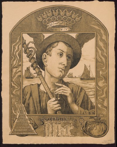 "Merkur Jahrers Regent". Merkur som årets hersker. Skitser til »Den evige billedkalender«, del II, 1901 (Immerwährender Bilderkalender) af Hans Thoma