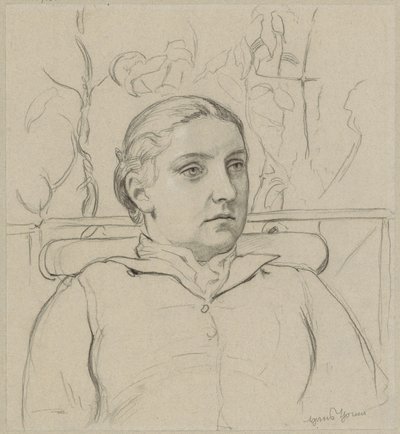 Et portræt af kunstnerens hustru som et brystbillede, hvor hun sidder på en bænk med grønne omgivelser i baggrunden af Hans Thoma
