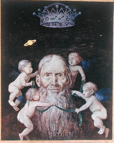 Saturn, illustration fra "Festkalender" udgivet i Leipzig ca. 1910 (farvelitografi) af Hans Thoma