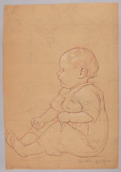 Studie af et siddende barn, verso: en gammel mand siddende på en sten af Hans Thoma