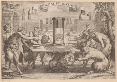 Satyrer omkring en anamorfose af en elefant Format et Illustrat (titel på objekt) af Hans Troschel
