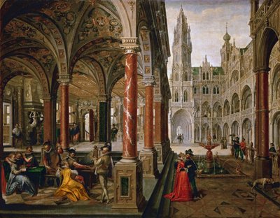 Palads med musikere - Hans Vredeman de Vries (Jan de Vriese ou Friedman de Frise) (1526-1606). olie på lærred af Hans Vredeman de Vries