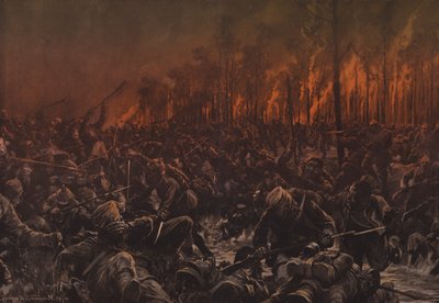 Et natangreb på de britiske stillinger på Yser (farve litho) af Hans W. (after) Schmidt