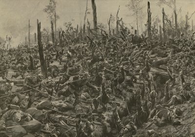 Tysk angreb på franske blokhuse og skyttegrave i Bois-le-Pretre efter artilleribombardementet den 5. juli 1915 (litho) af Hans W. (after) Schmidt